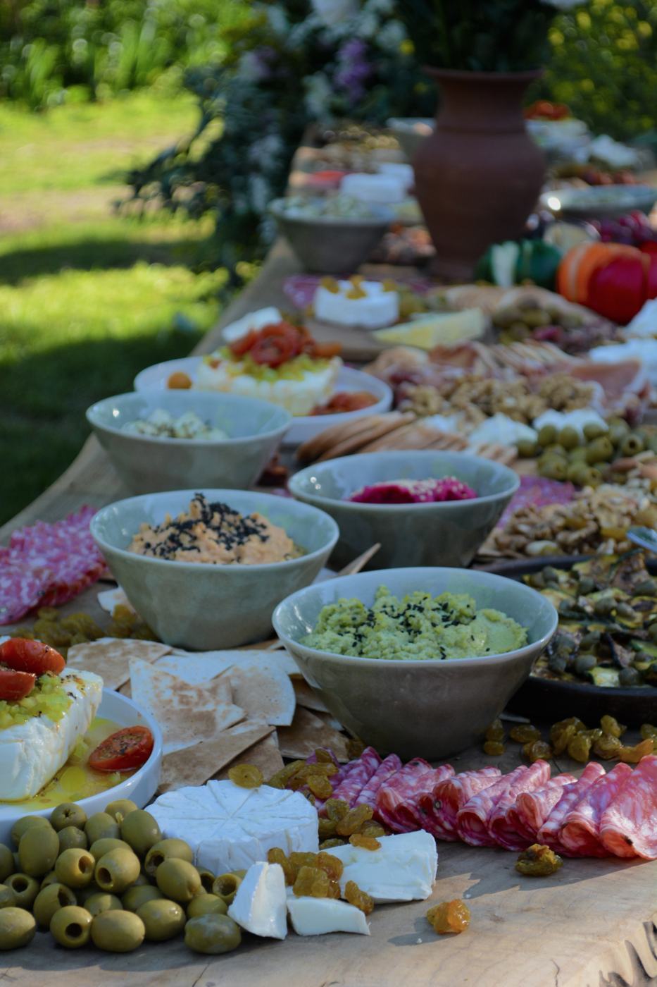 Mesa de picoteo con quesos, embutidos, dips y aceitunas en un jardín